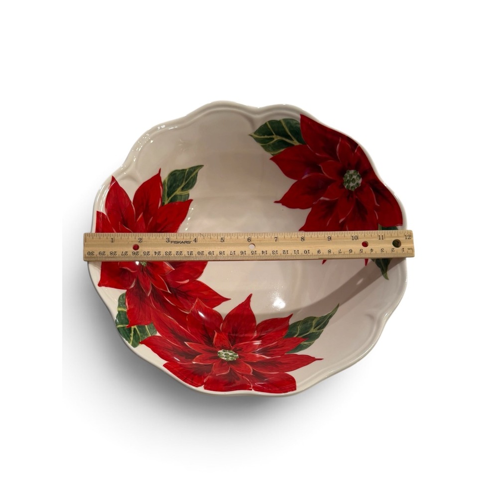 Maxcera Christmas Poinsettia Ceramic Serving Bowl White Red Scalloped 11.5 inch